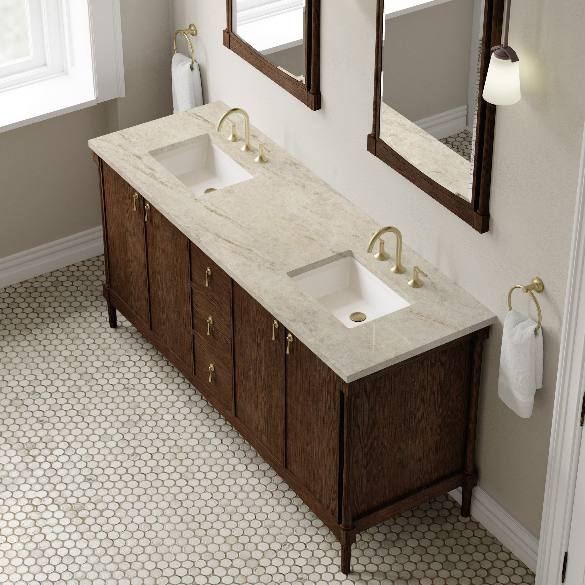 James Martin Kinnsden 72" Double Bathroom Vanity, Sable Oak with Tajnar countertop