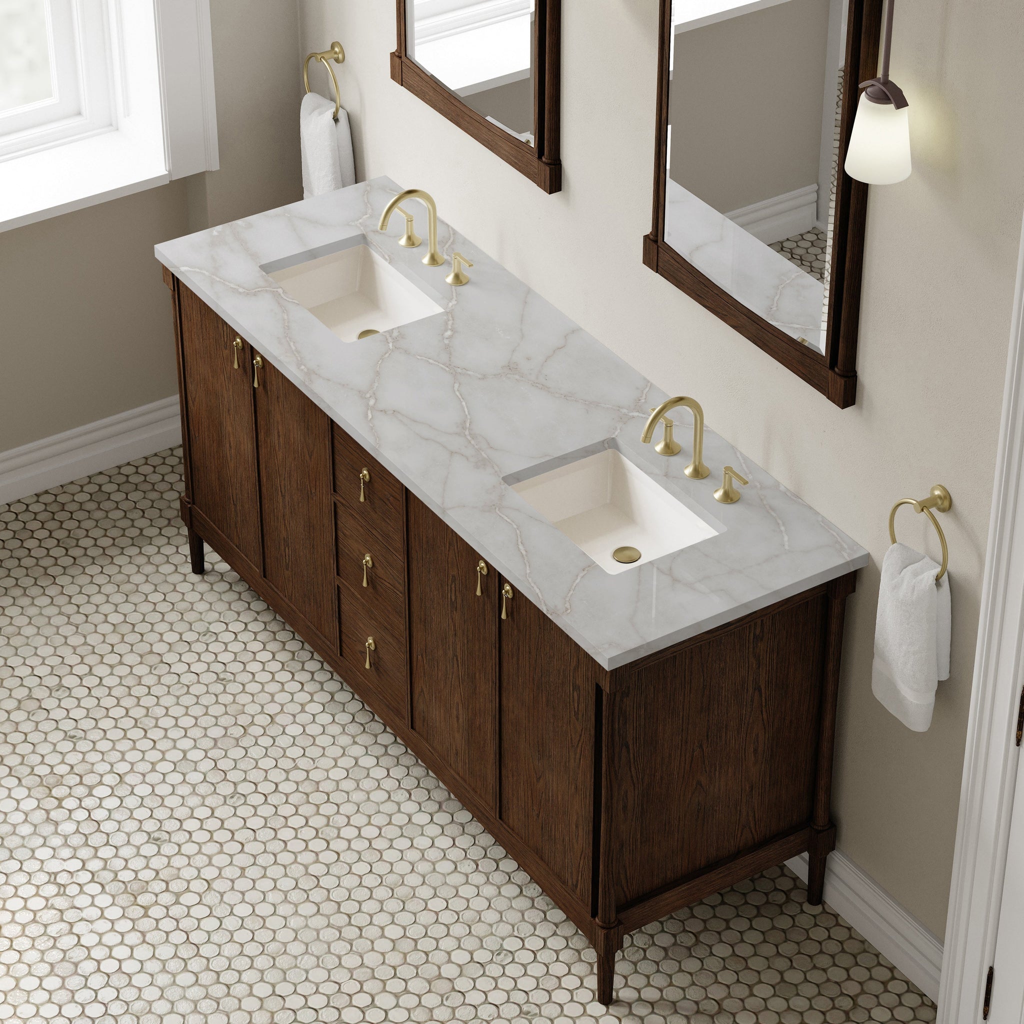 James Martin Kinnsden 72" Double Bathroom Vanity, Sable Oak with Victorian Silver countertop