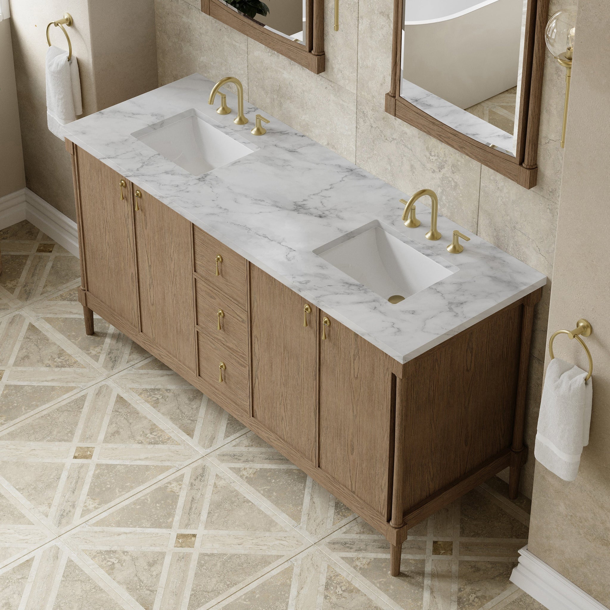 James Martin Kinnsden 72" Double Bathroom Vanity, Weathered Oak with Carrara White countertop