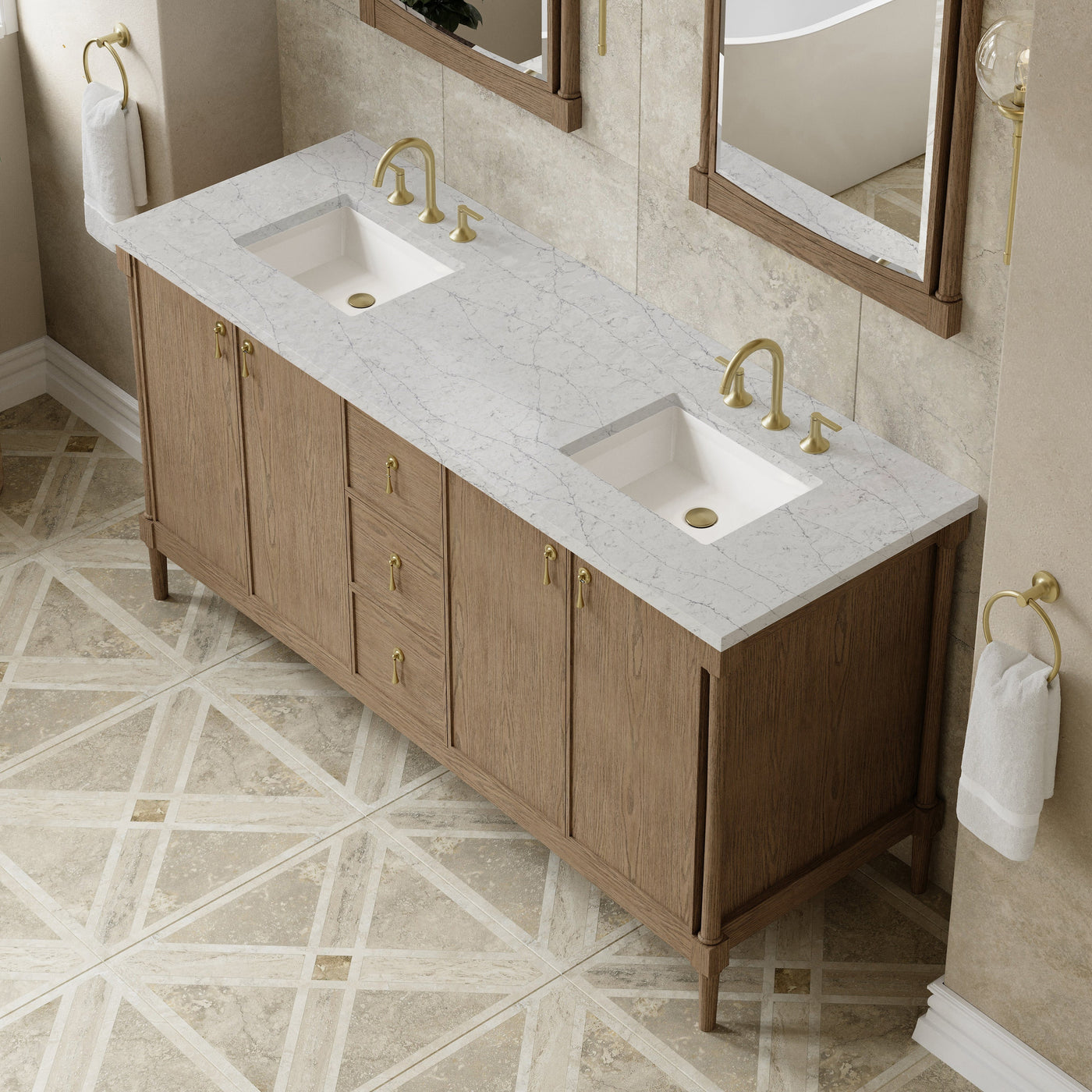James Martin Kinnsden 72" Double Bathroom Vanity, Weathered Oak with Eternal Jasmine Pearl countertop