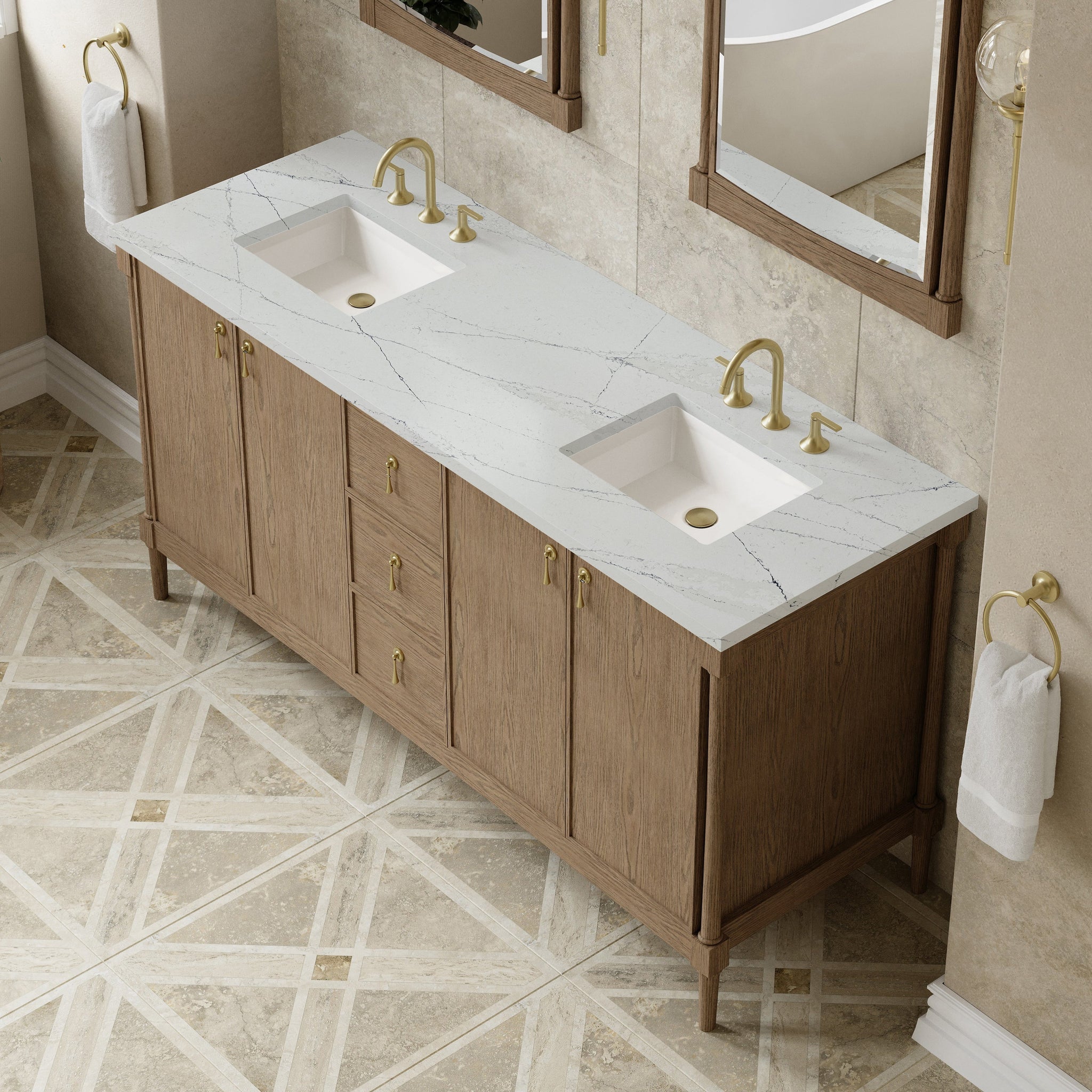 James Martin Kinnsden 72" Double Bathroom Vanity, Weathered Oak with Ethereal Noctis countertop