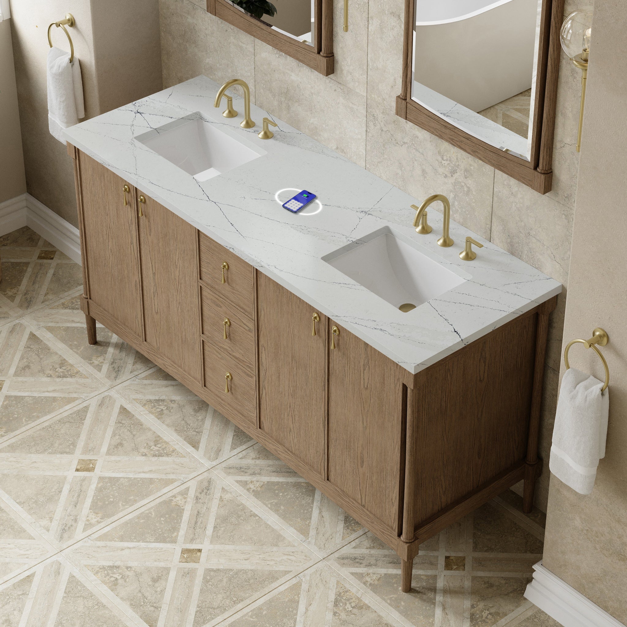 James Martin Kinnsden 72" Double Bathroom Vanity, Weathered Oak with Ethereal Noctis (FreePower) countertop