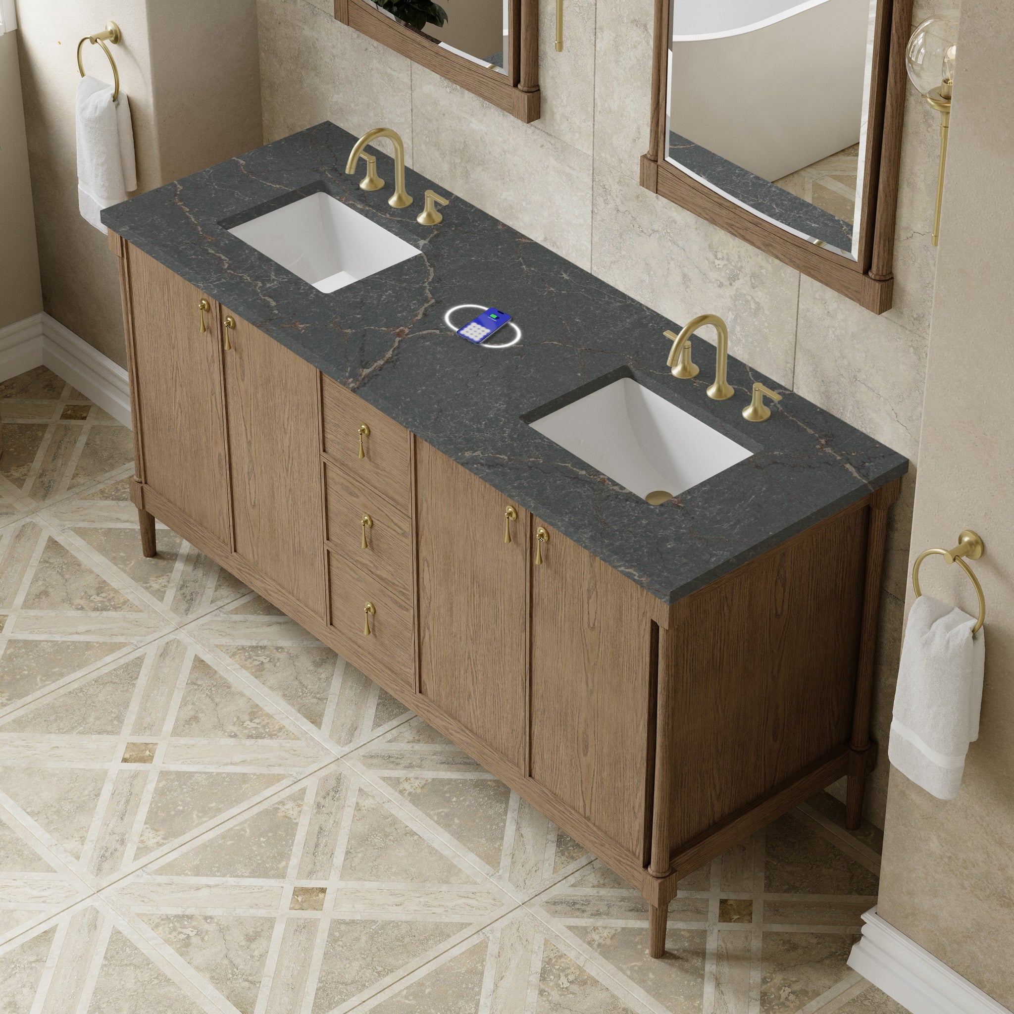 James Martin Kinnsden 72" Double Bathroom Vanity, Weathered Oak with Parisien Bleu (FreePower) countertop