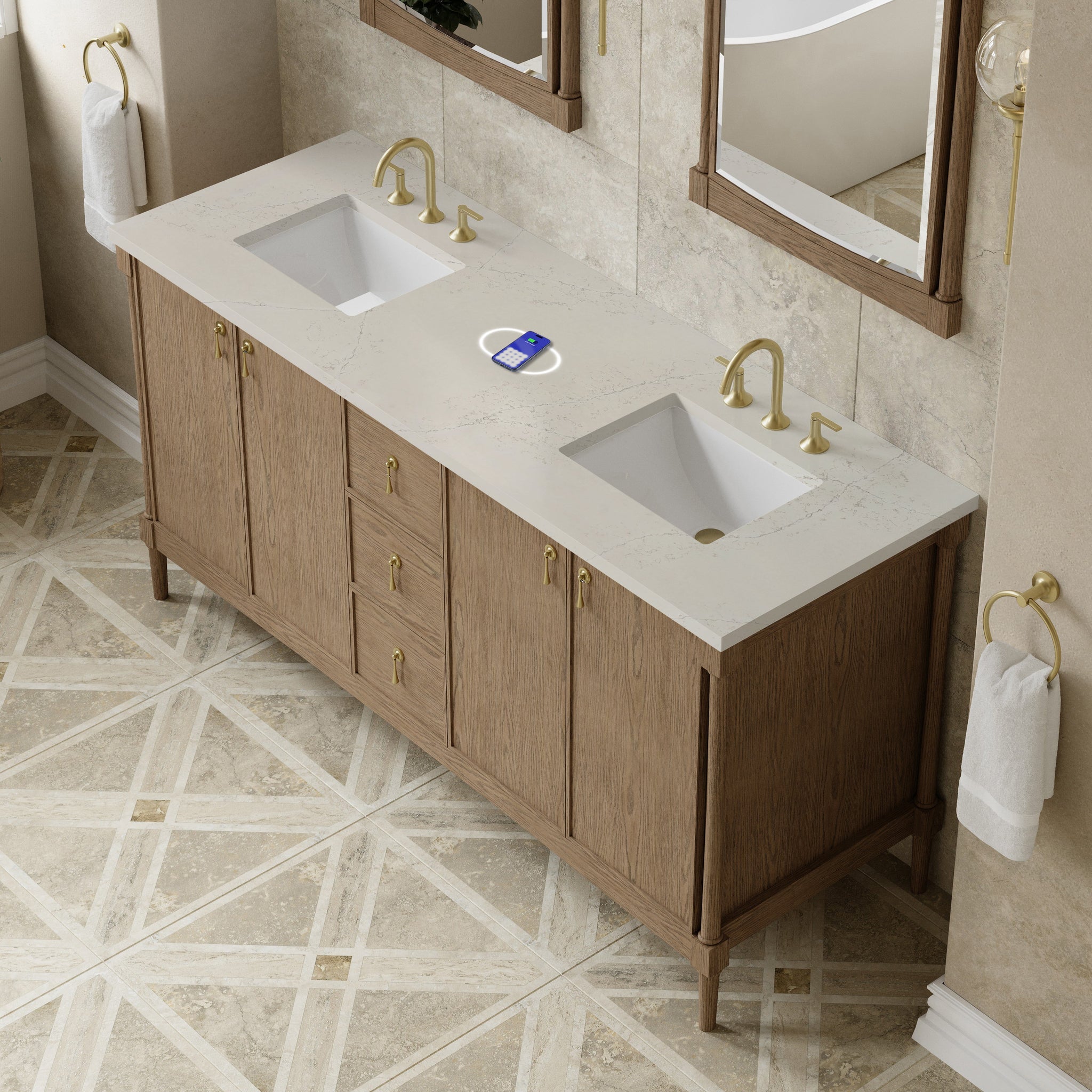 James Martin Kinnsden 72" Double Bathroom Vanity, Weathered Oak with Siberian (FreePower) countertop