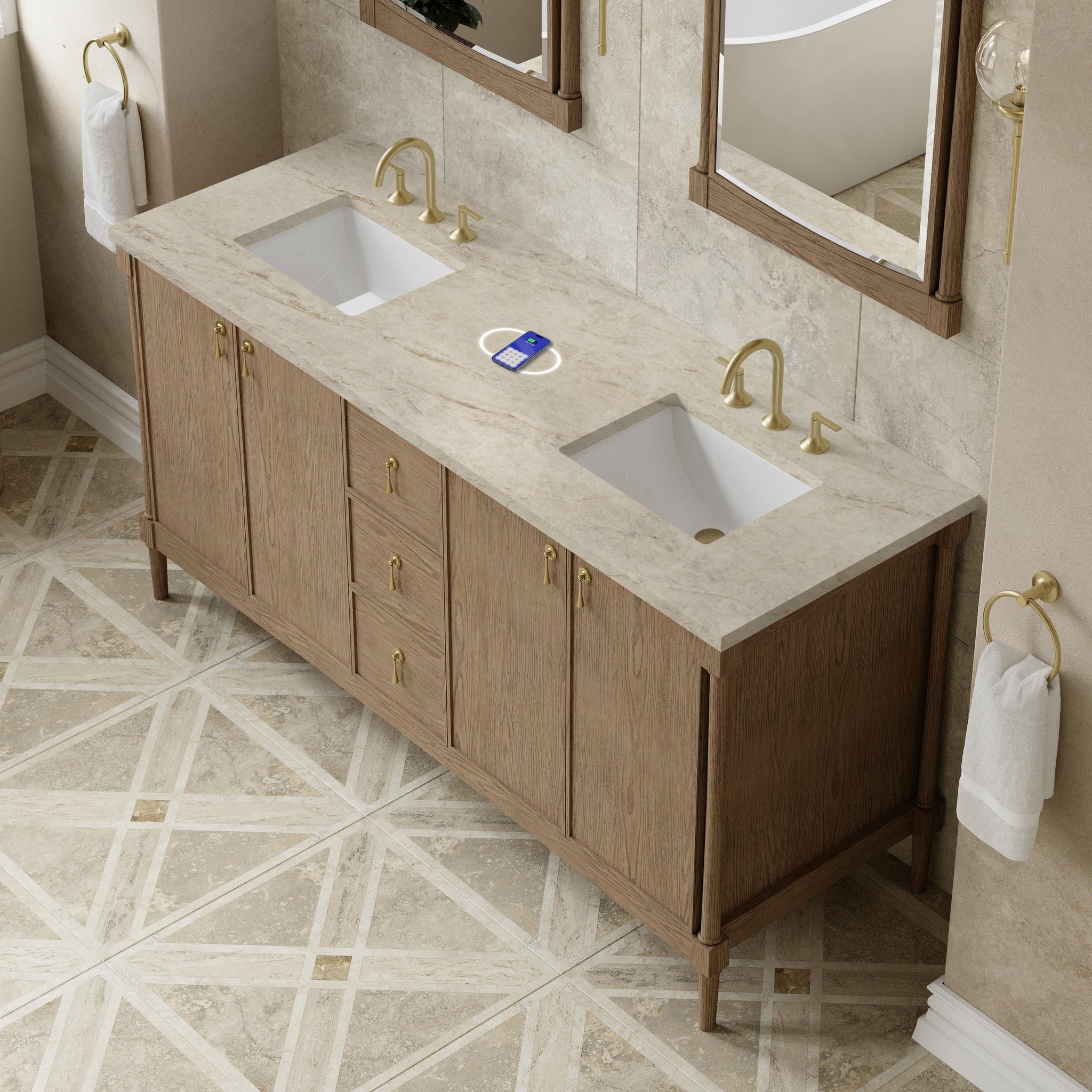 James Martin Kinnsden 72" Double Bathroom Vanity, Weathered Oak with Tajnar (FreePower) countertop