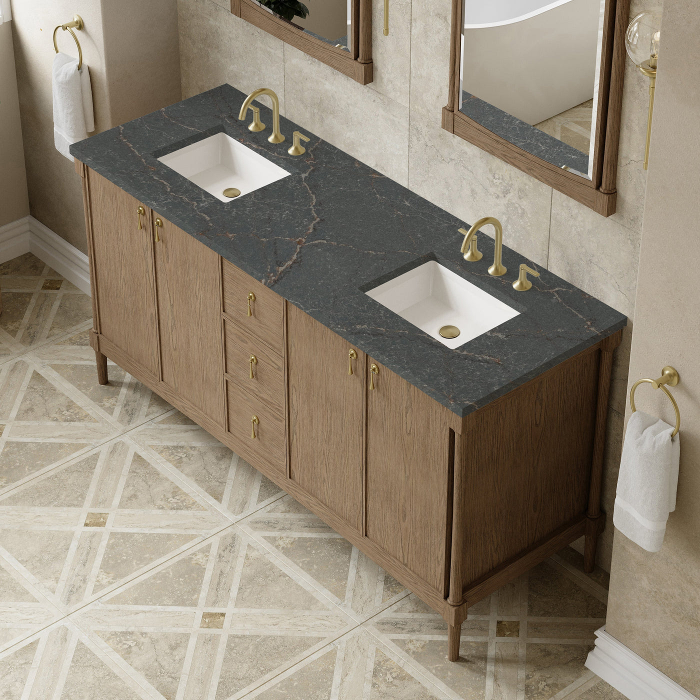 James Martin Kinnsden 72" Double Bathroom Vanity, Weathered Oak with Parisien Bleu countertop