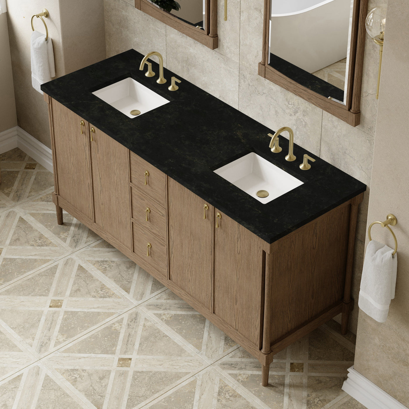James Martin Kinnsden 72" Double Bathroom Vanity, Weathered Oak with Phantome countertop