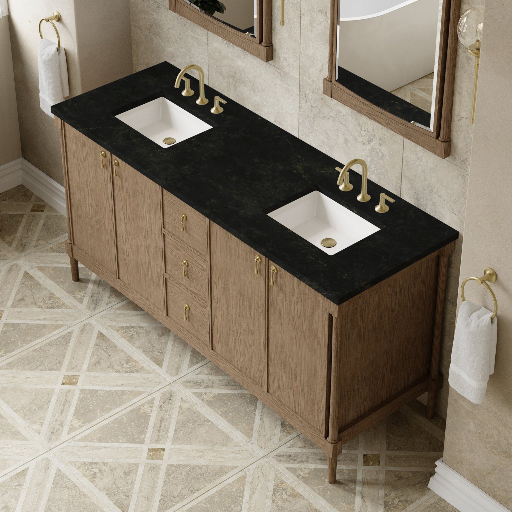 James Martin Kinnsden 72" Double Bathroom Vanity, Weathered Oak with Phantome countertop