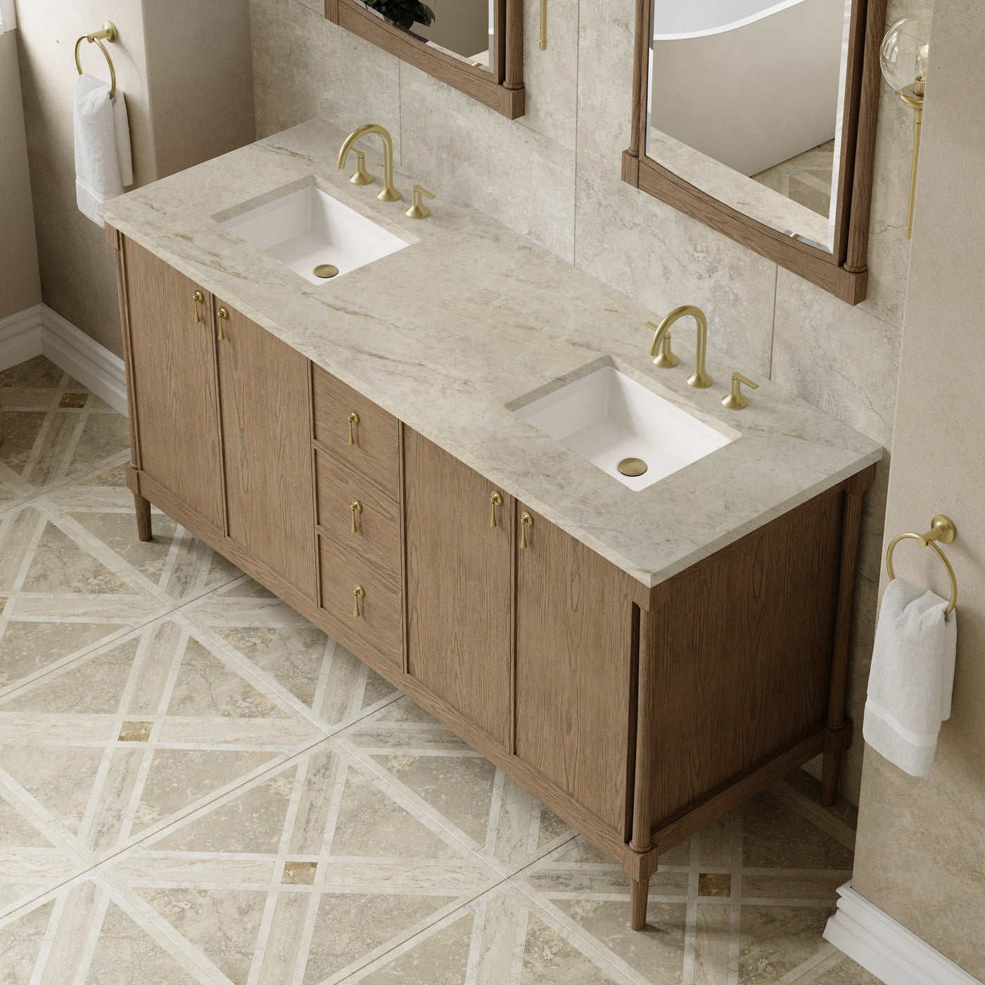 James Martin Kinnsden 72" Double Bathroom Vanity, Weathered Oak with Tajnar countertop