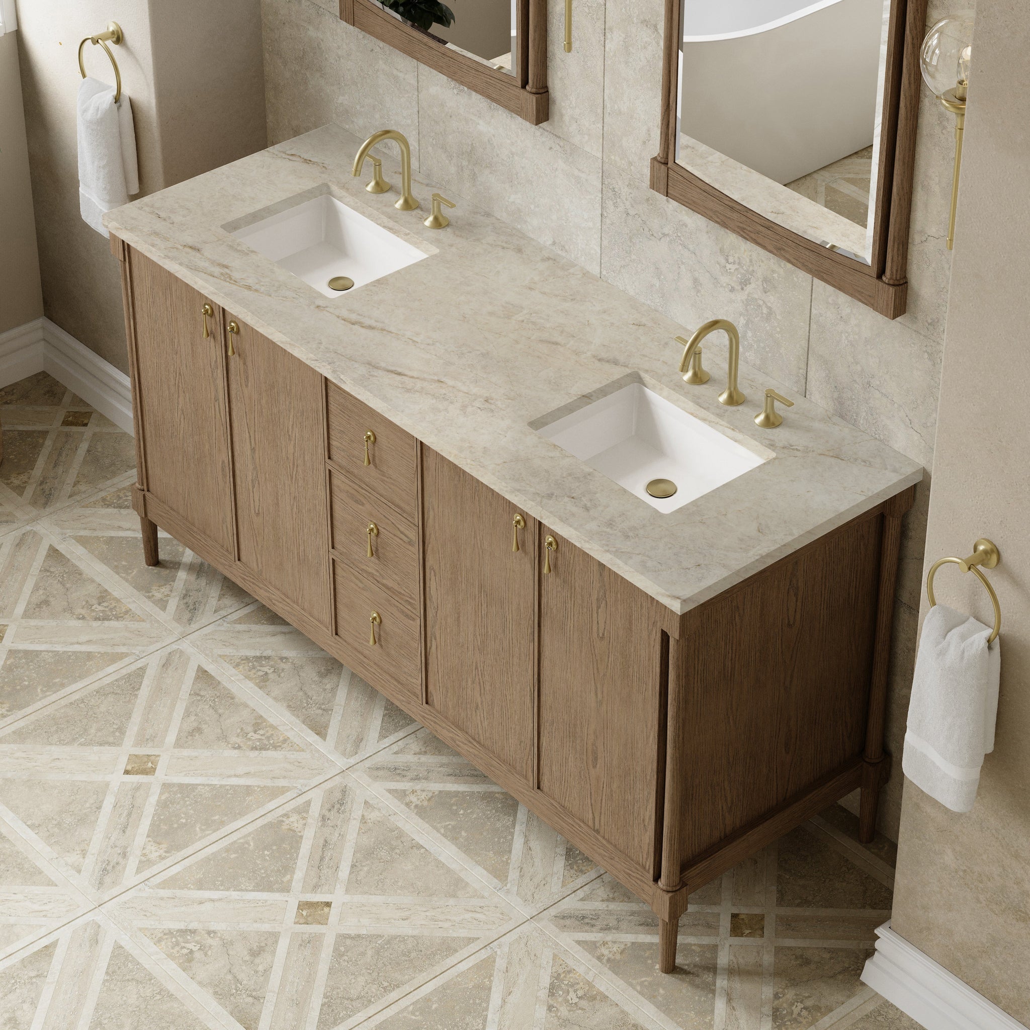 James Martin Kinnsden 72" Double Bathroom Vanity, Weathered Oak with Tajnar countertop
