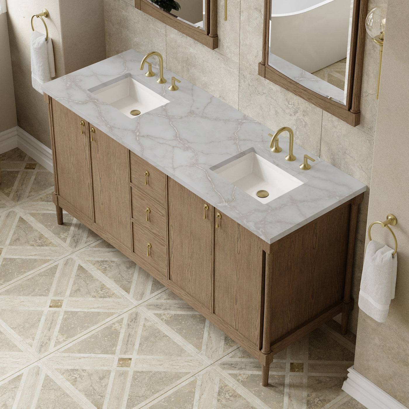 James Martin Kinnsden 72" Double Bathroom Vanity, Weathered Oak with Victorian Silver countertop