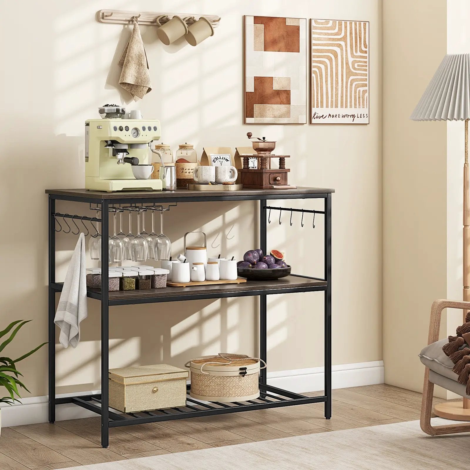 Kitchen Island with 3 Shelves Wine Glass Holders and 10 Hooks-Gray by DirectDeals