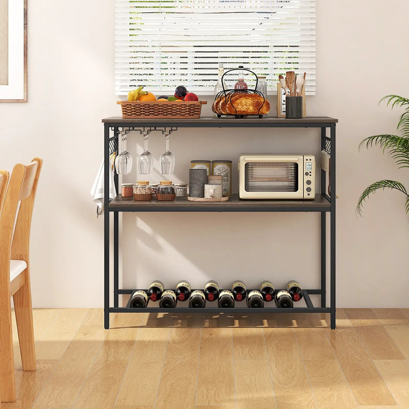 Kitchen Island with 3 Shelves Wine Glass Holders and 10 Hooks-Gray by DirectDeals