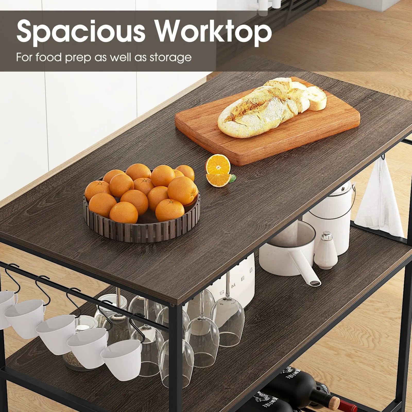 Kitchen Island with 3 Shelves Wine Glass Holders and 10 Hooks-Gray by DirectDeals