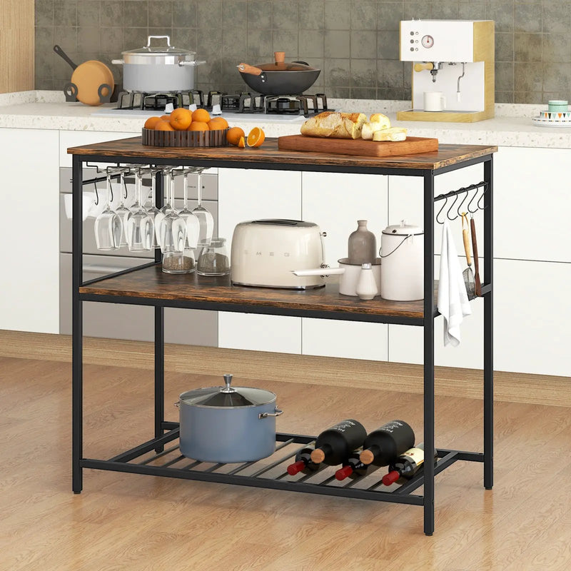 3 Shelves Kitchen Island Industrial Prep Table with Bottom Wine Rack-Rustic Brown by DirectDeals