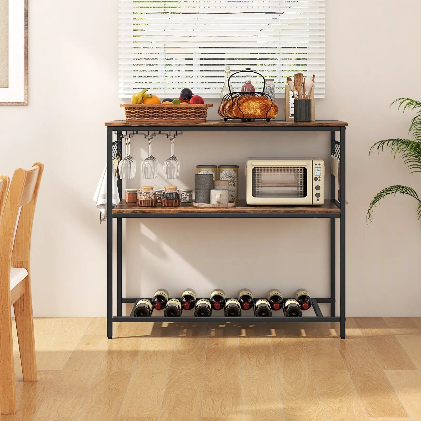 3 Shelves Kitchen Island Industrial Prep Table with Bottom Wine Rack-Rustic Brown by DirectDeals