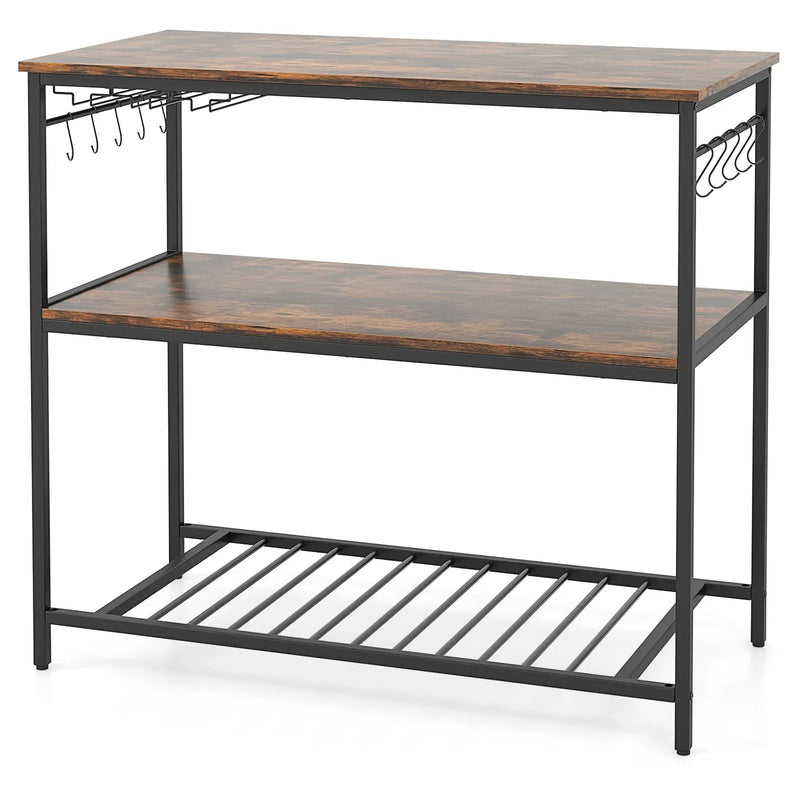 3 Shelves Kitchen Island Industrial Prep Table with Bottom Wine Rack-Rustic Brown by DirectDeals