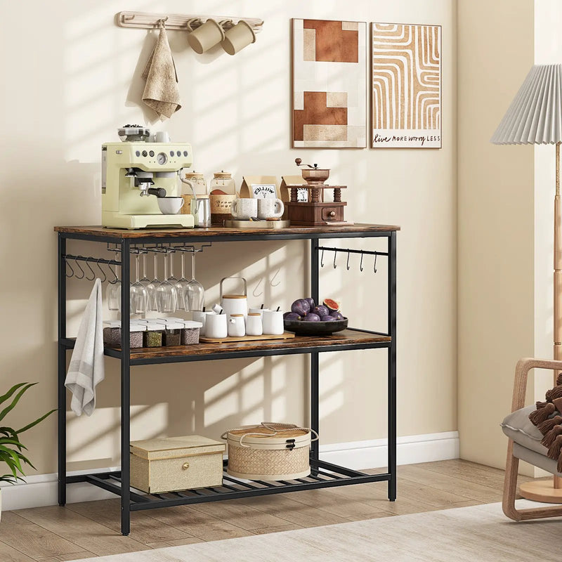 3 Shelves Kitchen Island Industrial Prep Table with Bottom Wine Rack-Rustic Brown by DirectDeals
