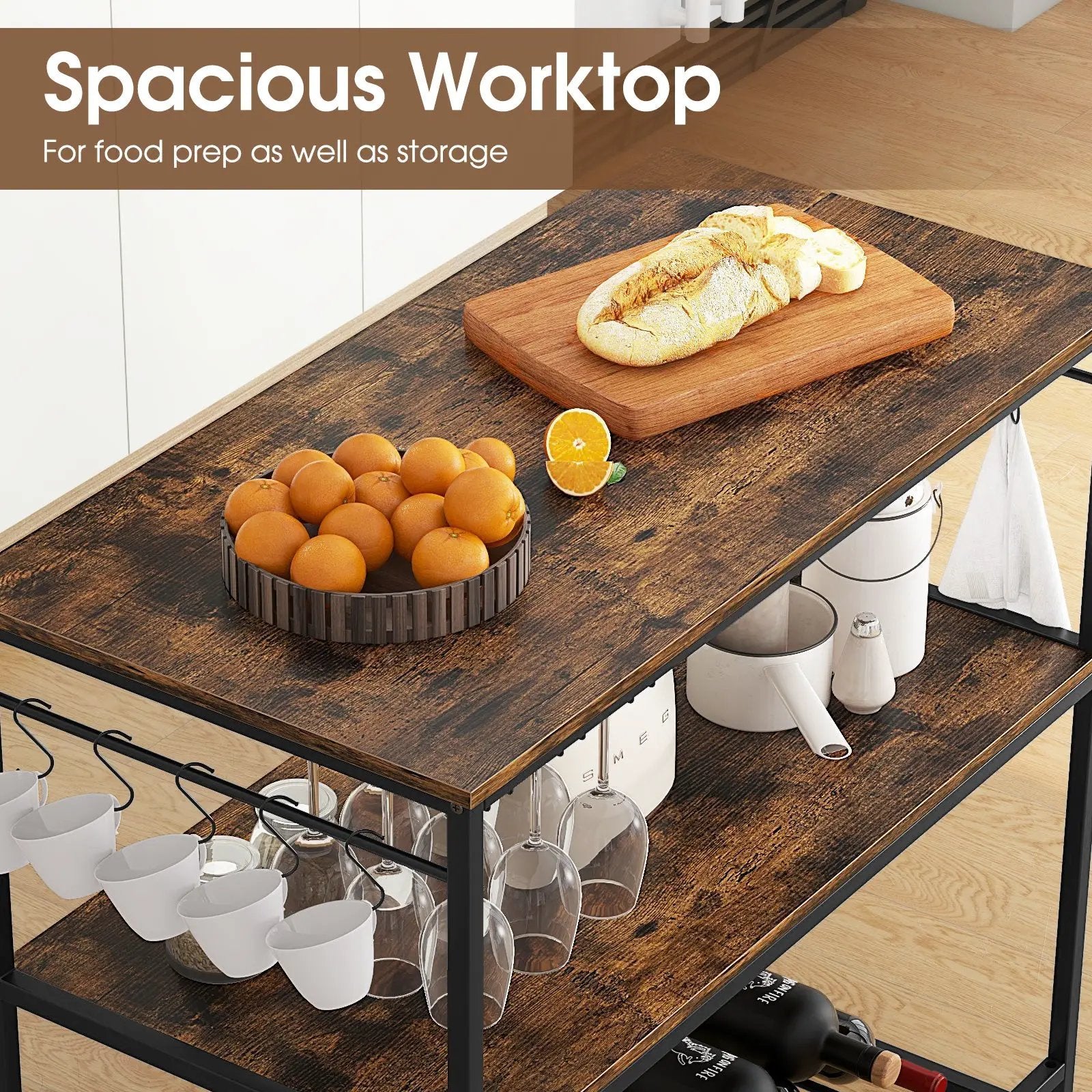 3 Shelves Kitchen Island Industrial Prep Table with Bottom Wine Rack-Rustic Brown by DirectDeals