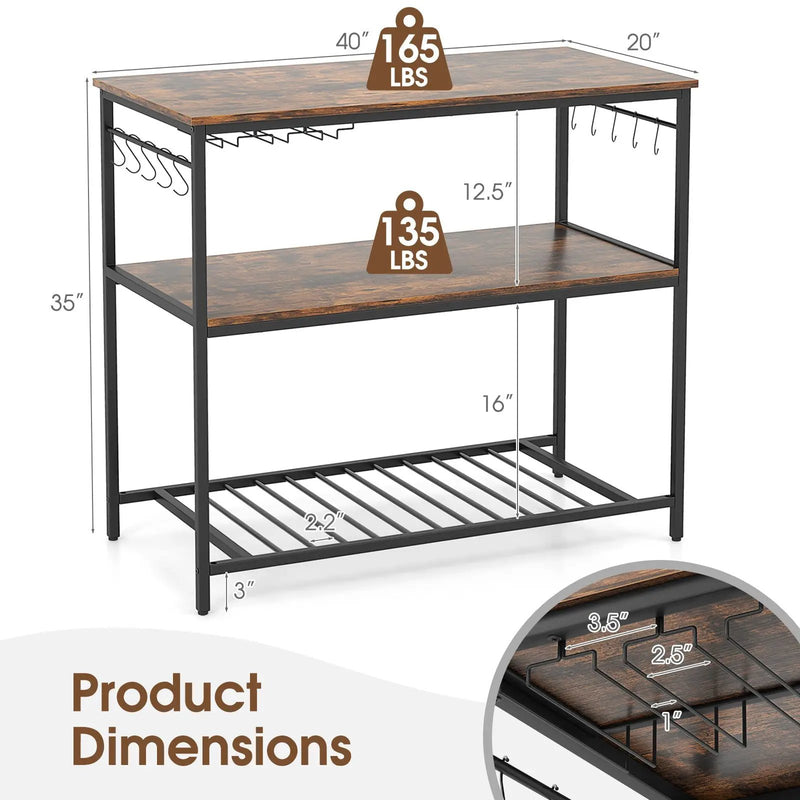 3 Shelves Kitchen Island Industrial Prep Table with Bottom Wine Rack-Rustic Brown by DirectDeals