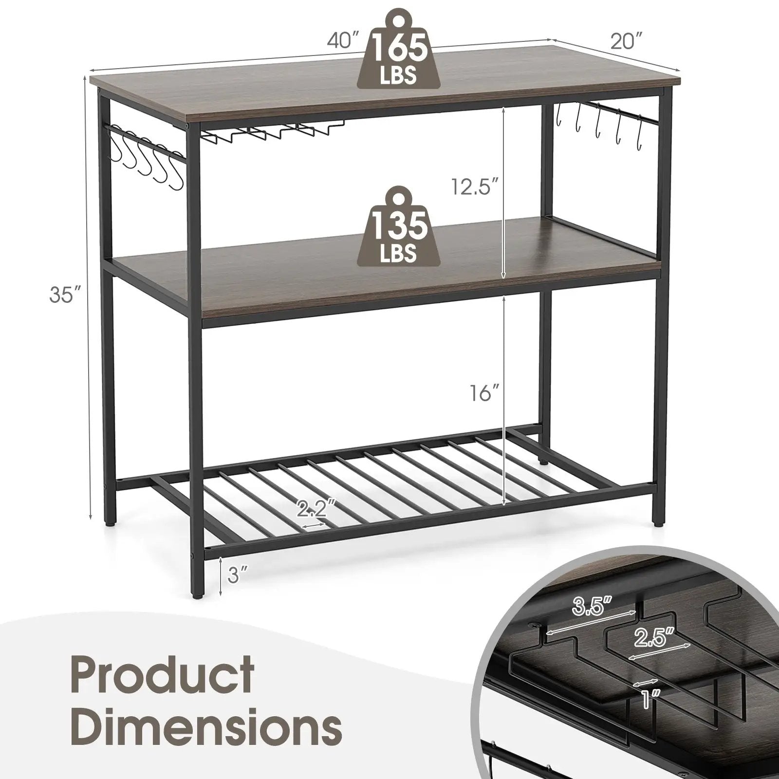 Kitchen Island with 3 Shelves Wine Glass Holders and 10 Hooks-Gray by DirectDeals