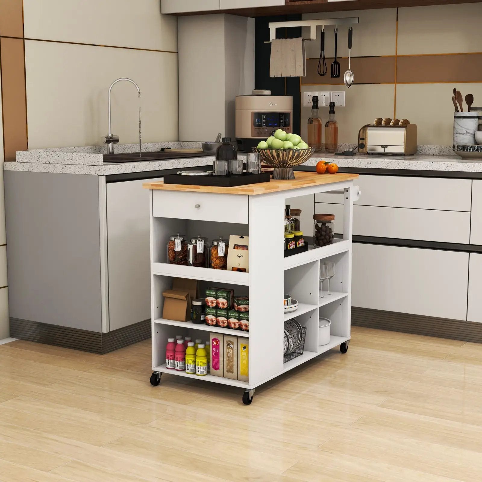 Kitchen Island Trolley Cart on Wheels with Storage Open Shelves and Drawer-White by DirectDeals