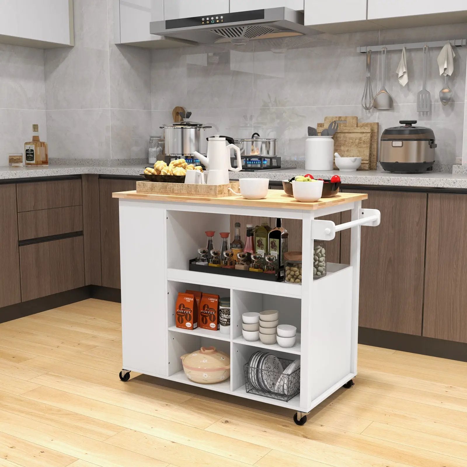 Kitchen Island Trolley Cart on Wheels with Storage Open Shelves and Drawer-White by DirectDeals
