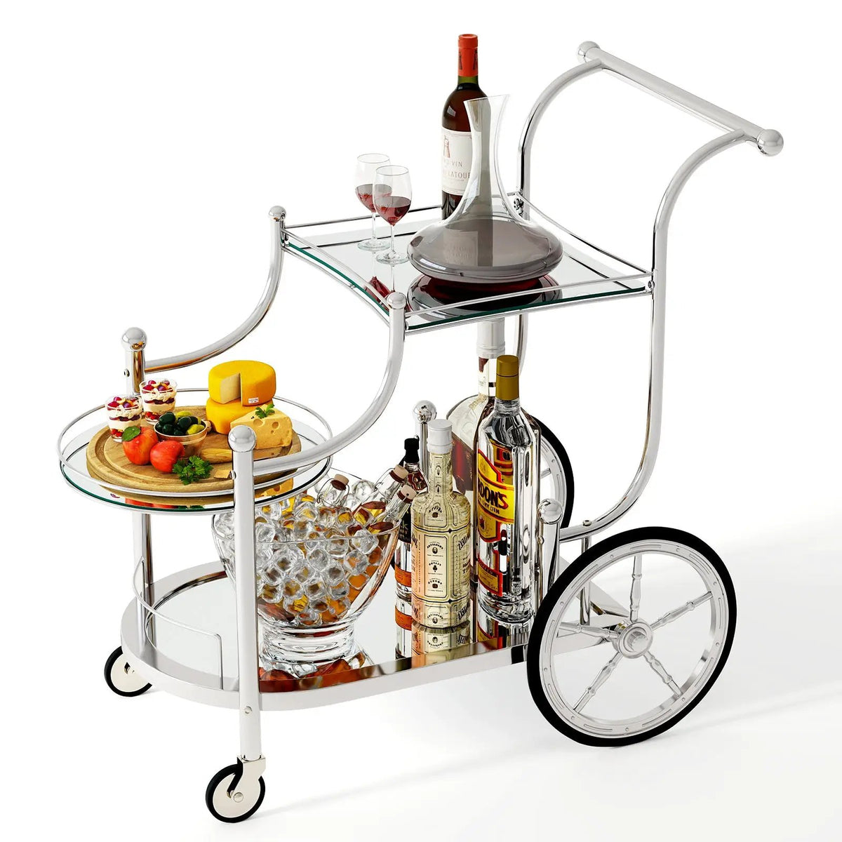 3-Tier Home Bar Serving Cart on Wheels with Mirrored Shelves, photo 4 of 9