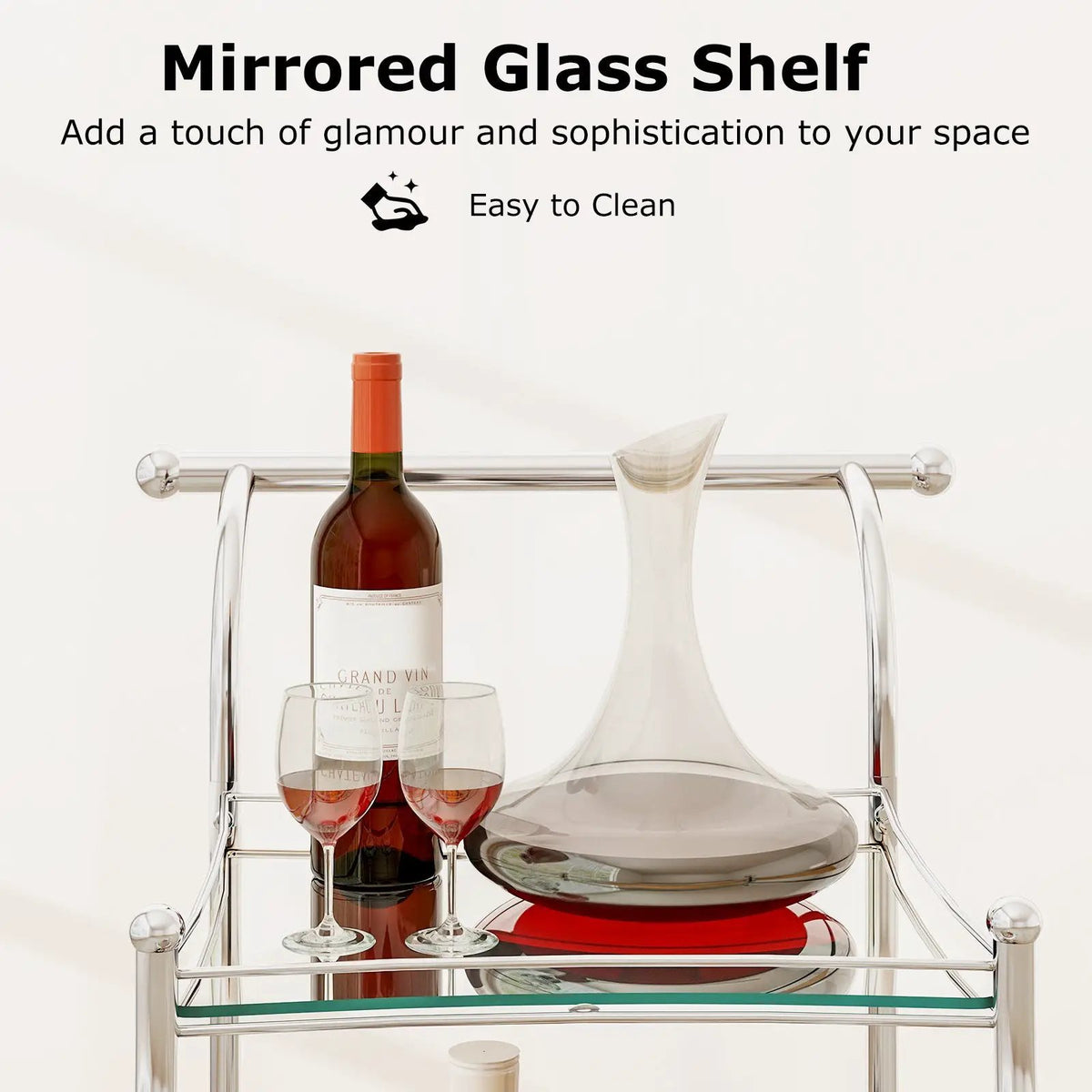 3-Tier Home Bar Serving Cart on Wheels with Mirrored Shelves, photo 7 of 9