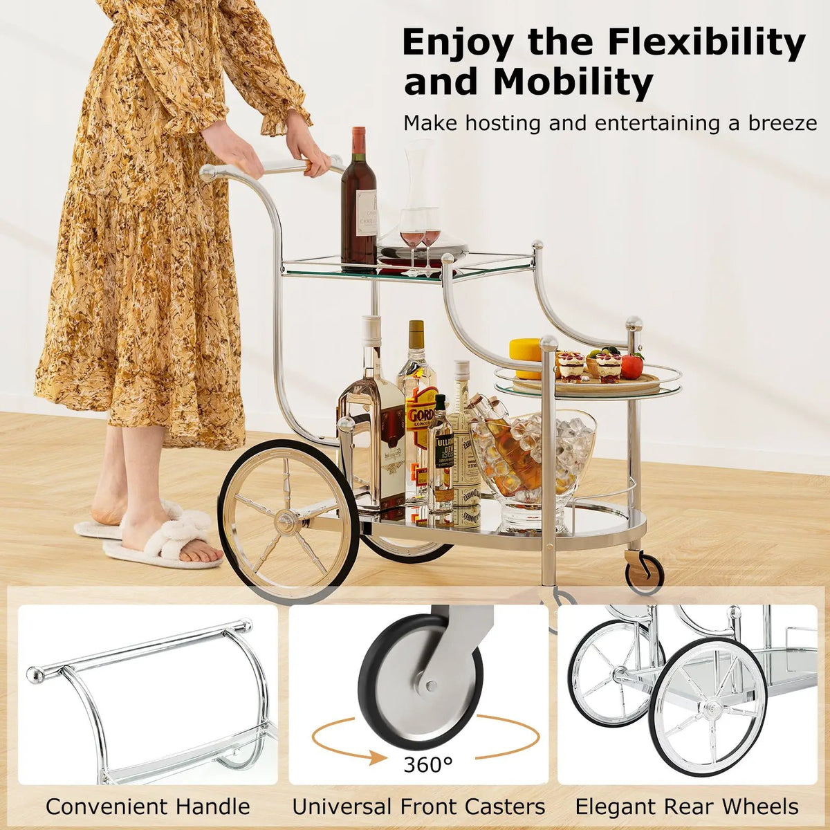 3-Tier Home Bar Serving Cart on Wheels with Mirrored Shelves, photo 8 of 9