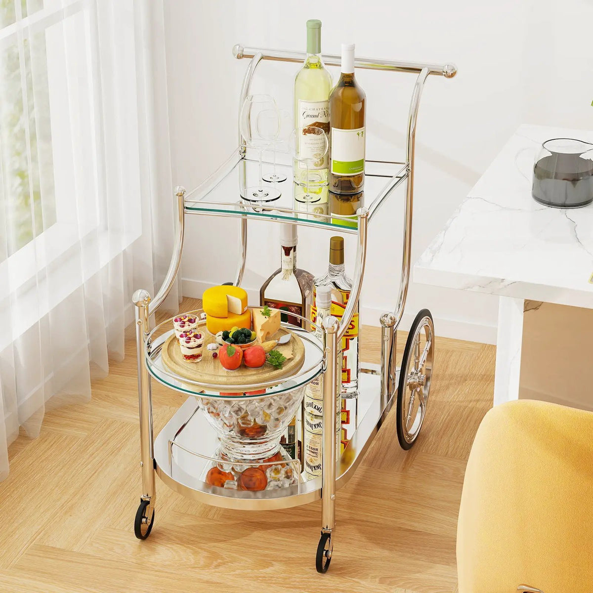 3-Tier Home Bar Serving Cart on Wheels with Mirrored Shelves, photo 2 of 9
