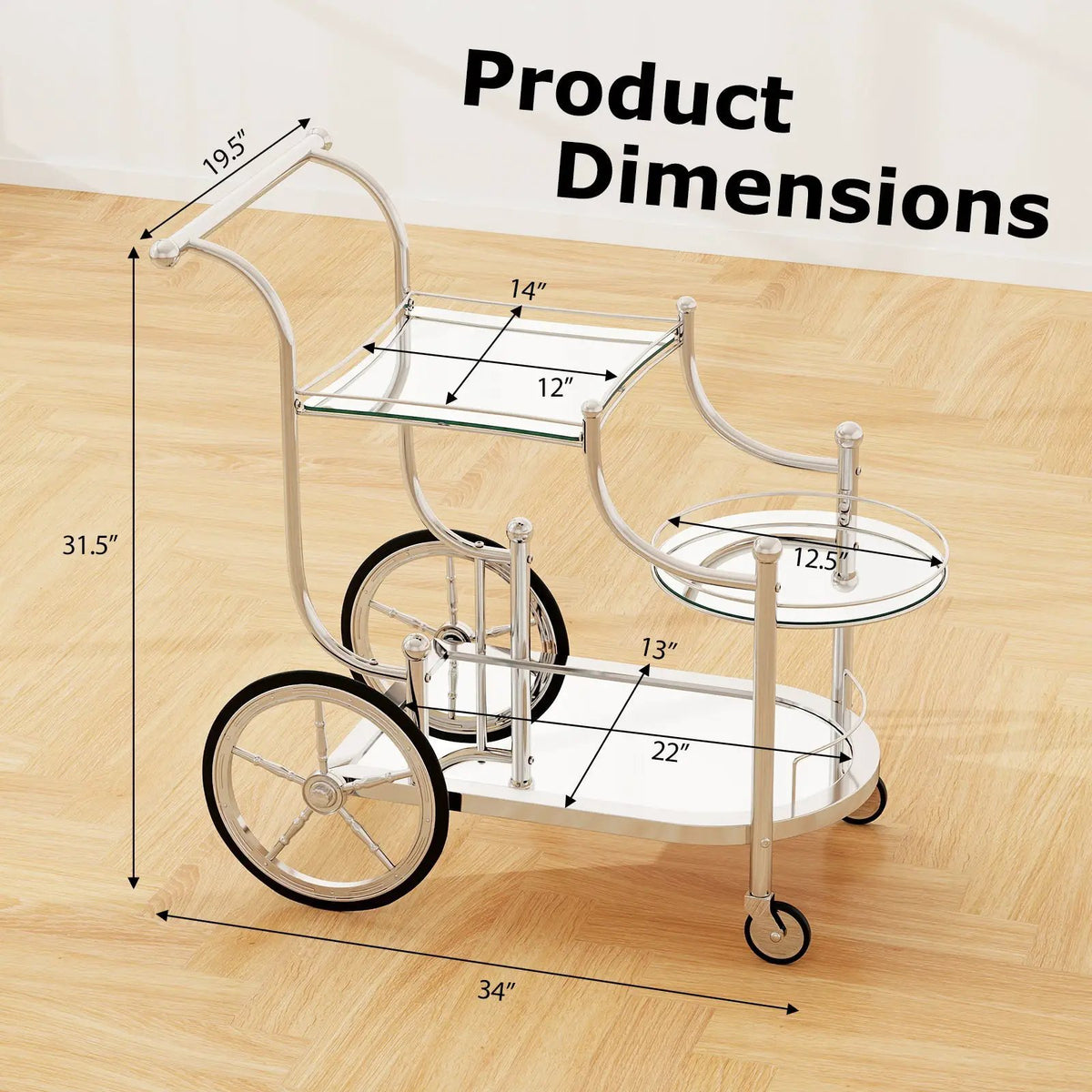 3-Tier Home Bar Serving Cart on Wheels with Mirrored Shelves, photo 5 of 9