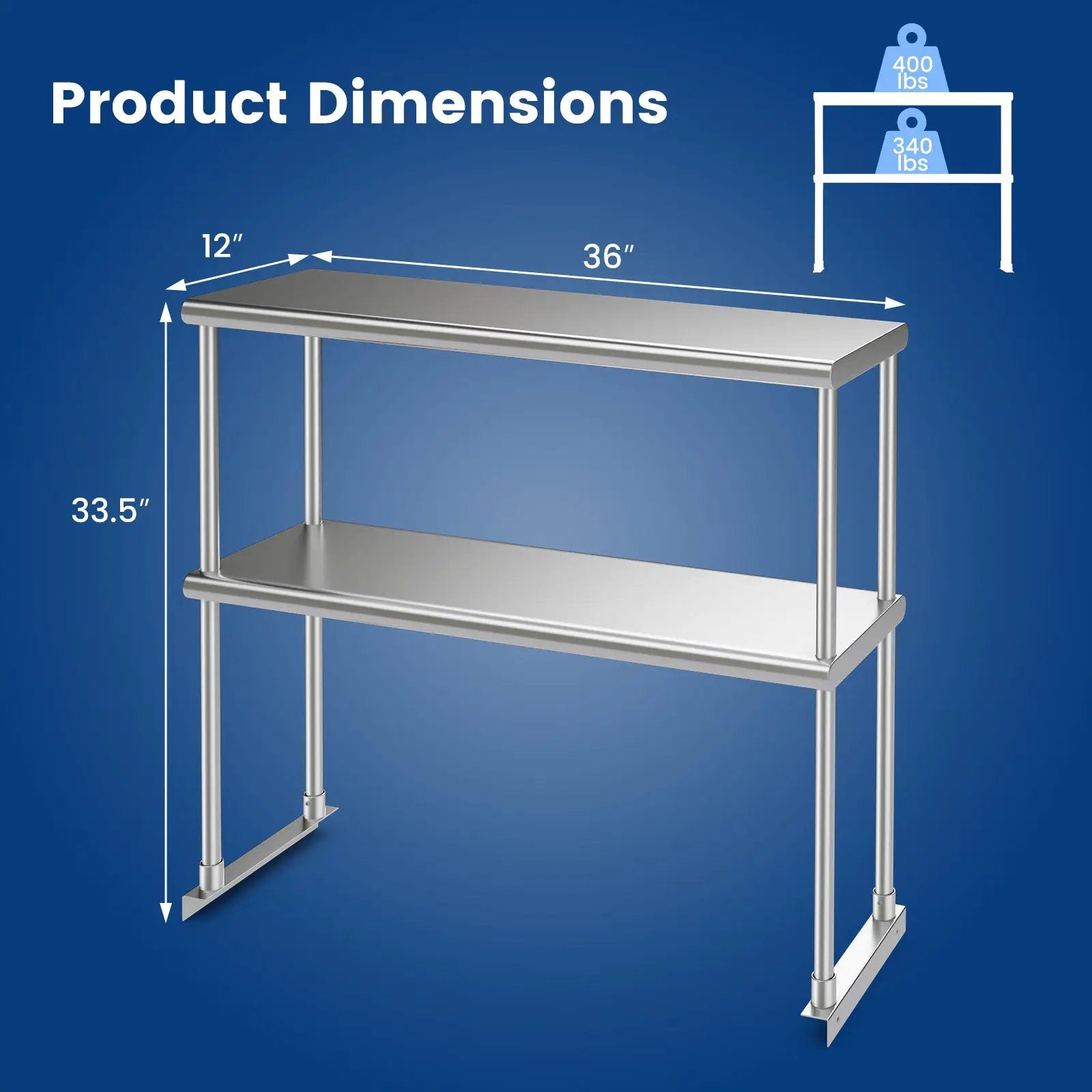 36 x 12 Inch Kitchen Stainless Steel Overshelf with Adjustable Lower Shelf by DirectDeals