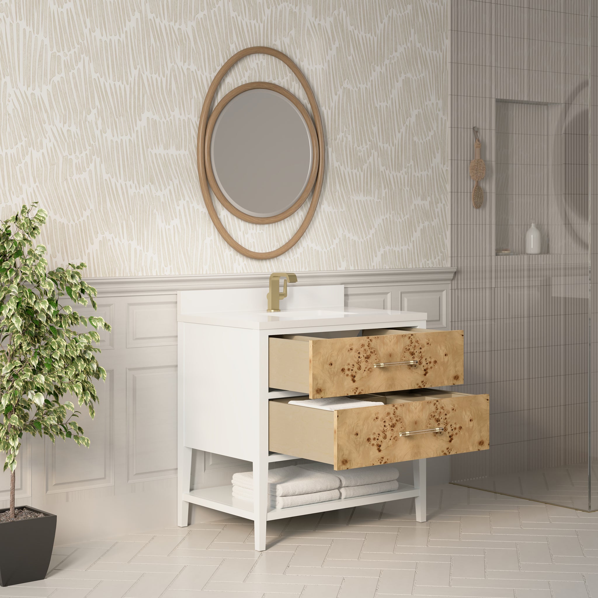 James Martin Olena 36" Single Bathroom Vanity, Polished White and Light Mappa Burl, view 25