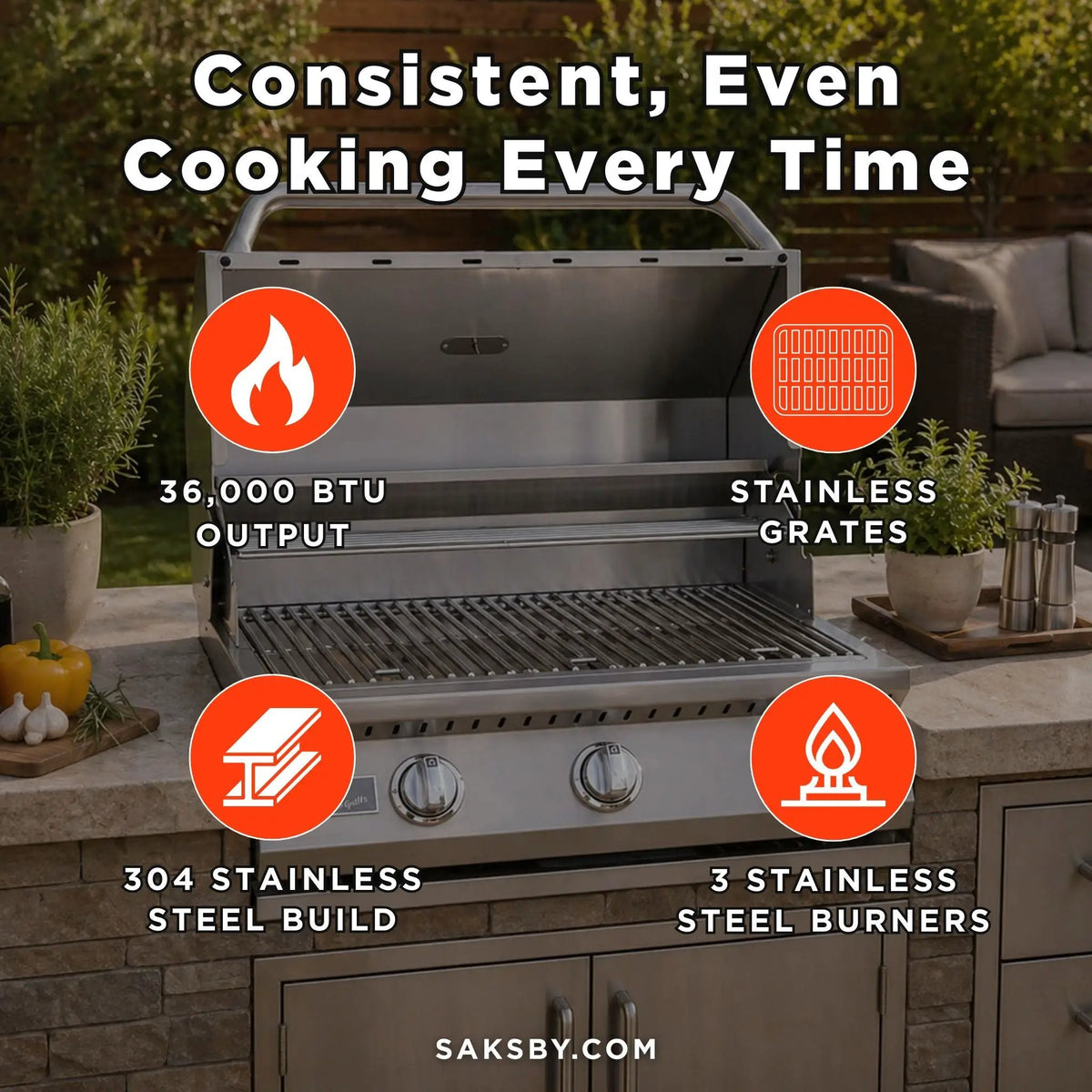 KoKoMo Grills 26-Inch Premium 36K BTU LP/NG 3 Burner Built-In Stainless Steel Gas Grill (SAK82173) by SAKSBY WHOLESALE