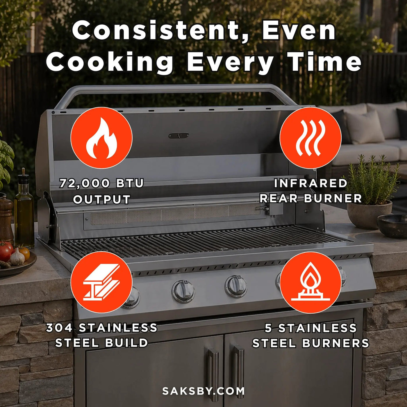 KoKoMo Grills 40-Inch Heavy-Duty 72K BTU LP/NG 5 Burner Built-In Stainless Steel Gas Grill (SAK73152) by SAKSBY WHOLESALE