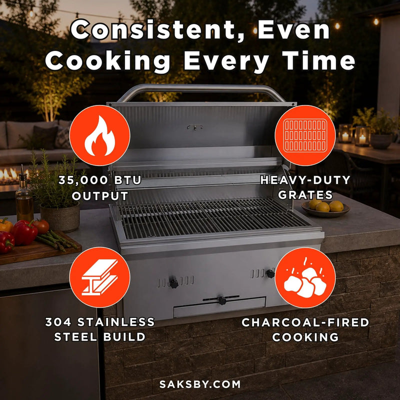 KoKoMo Grills Premium Built-In Charcoal Grill With 304 Stainless Steel And Adjustable Heat Tray, 32" (SAK32504) by SAKSBY WHOLESALE