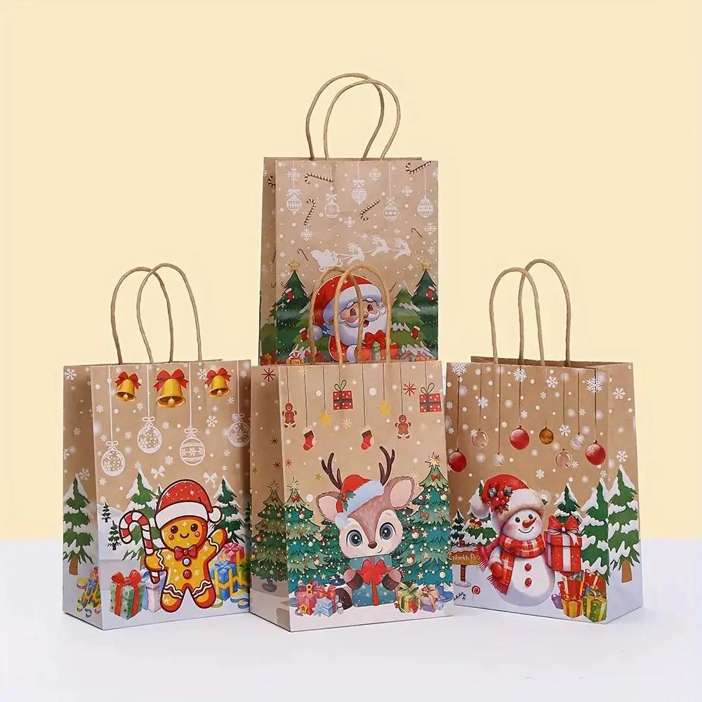 Kraft Paper Christmas Gift Bags Set with Santa Claus, Snowman & Reindeer Designs by House Of Avana