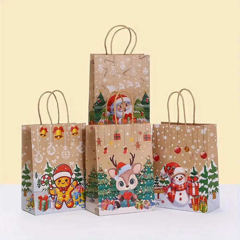 Kraft Paper Christmas Gift Bags Set with Santa Claus, Snowman & Reindeer Designs by House Of Avana