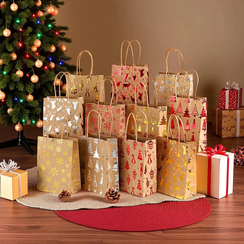 Kraft Paper Gift Bags with Cartoon Christmas Tree Reindeer Snowflake Pattern by House Of Avana