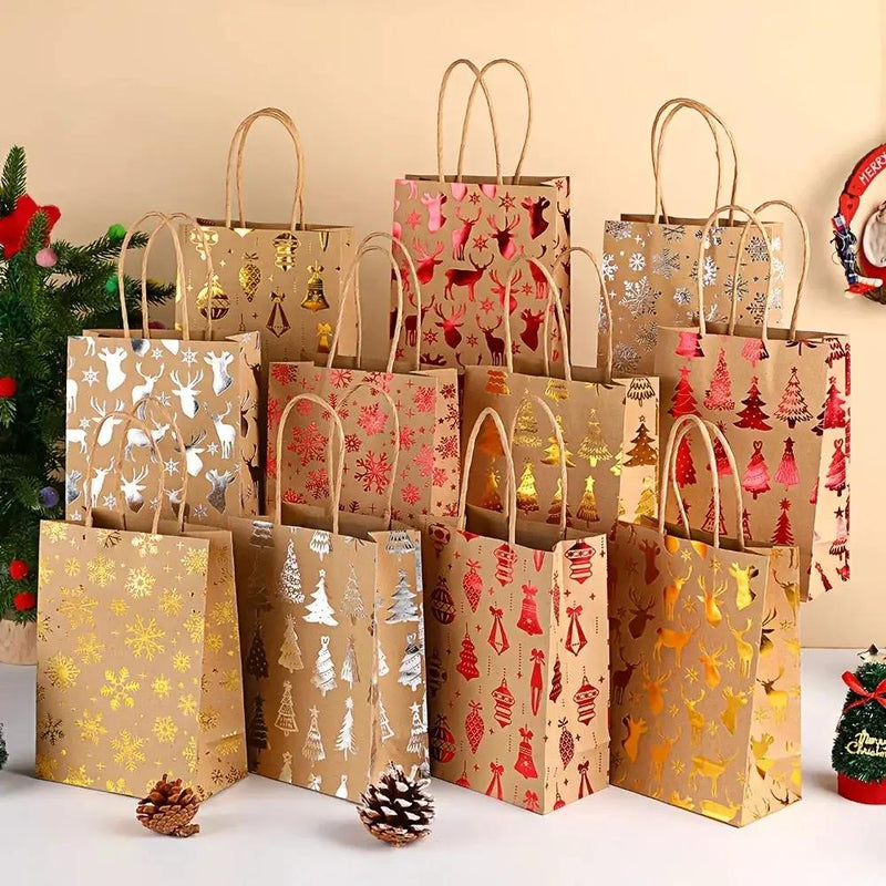 Kraft Paper Gift Bags with Cartoon Christmas Tree Reindeer Snowflake Pattern by House Of Avana