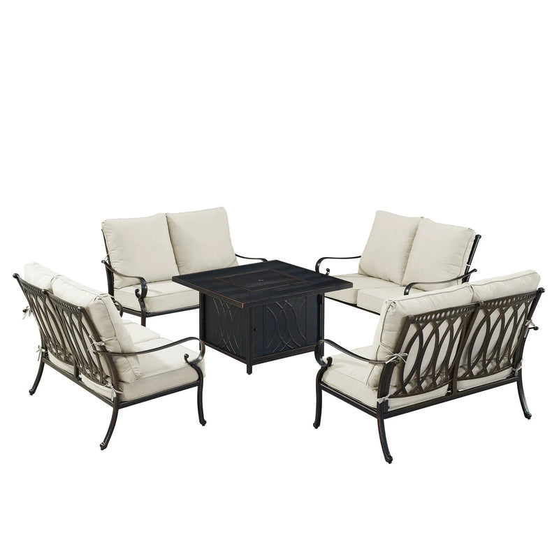 Black Aluminum Fire Table Set with Four Deep Seating Loveseats by Sharicks