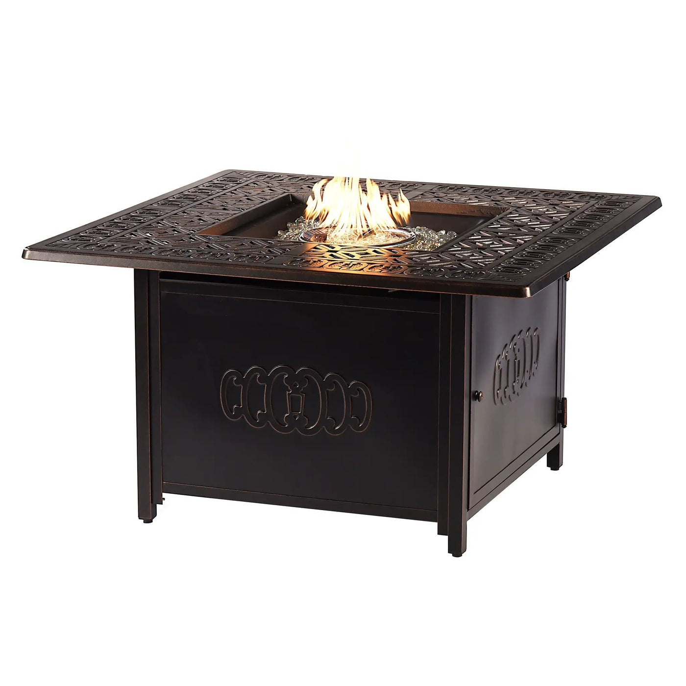 Black Aluminum Fire Table Set with Two Loveseats and Two Club Chairs by Sharicks
