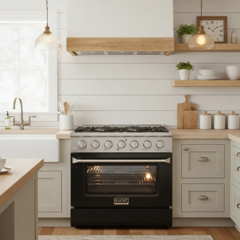 Kucht 36" Propane Range in Stainless Steel, Black Door, KNG361/LP-K by Farmhouse Kitchen and Bath