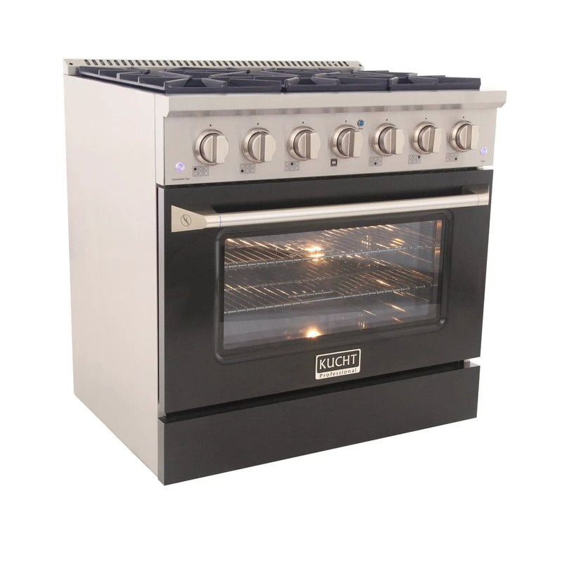 Kucht 36" Propane Range in Stainless Steel, Black Door, KNG361/LP-K by Farmhouse Kitchen and Bath