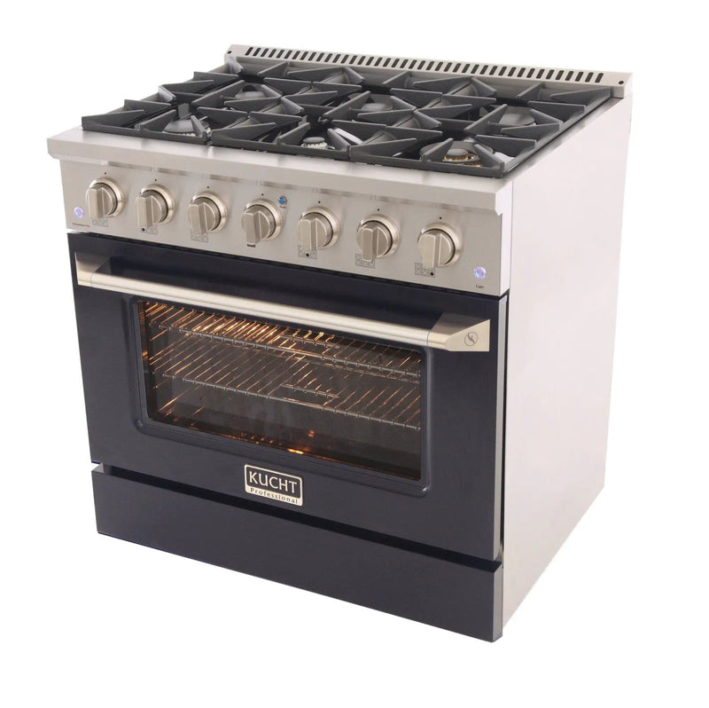 Kucht 36" Propane Range in Stainless Steel, Black Door, KNG361/LP-K by Farmhouse Kitchen and Bath