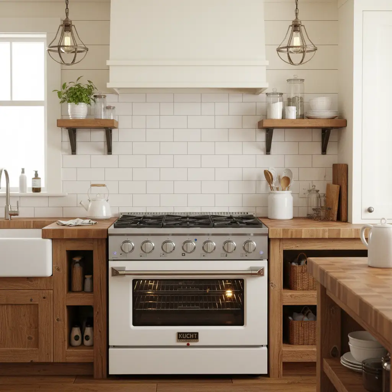 Kucht 36" Propane Range in Stainless Steel, White Door, KNG361/LP-W by Farmhouse Kitchen and Bath