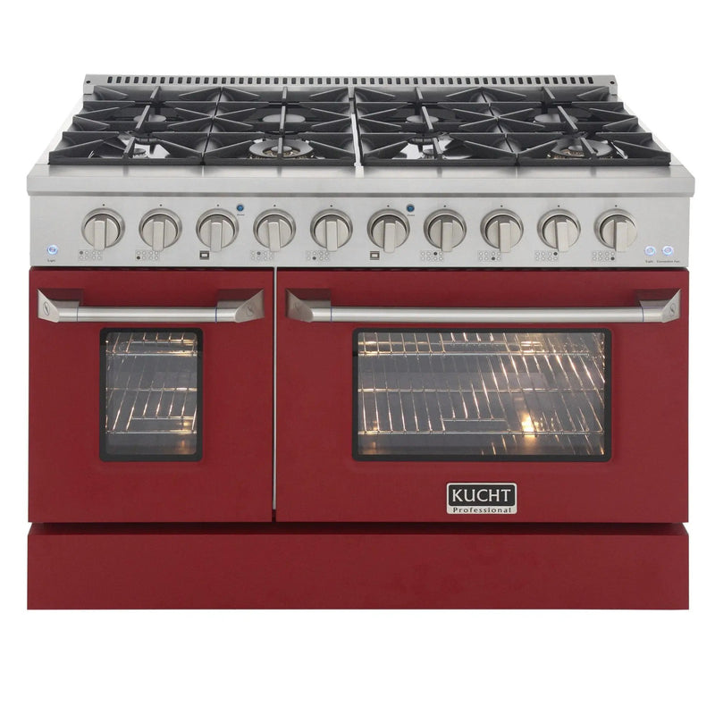 Kucht 48" Gas Range in Stainless Steel, Red Oven Doors, KNG481-R by Farmhouse Kitchen and Bath