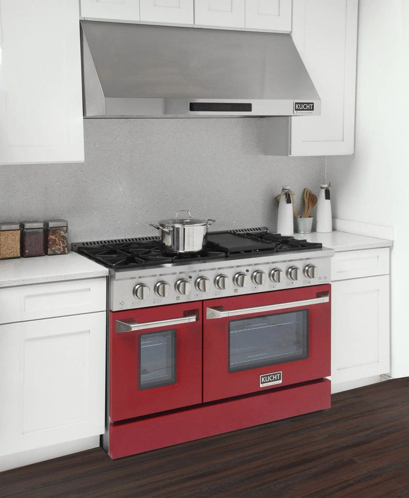 Kucht 48" Gas Range in Stainless Steel, Red Oven Doors, KNG481-R by Farmhouse Kitchen and Bath