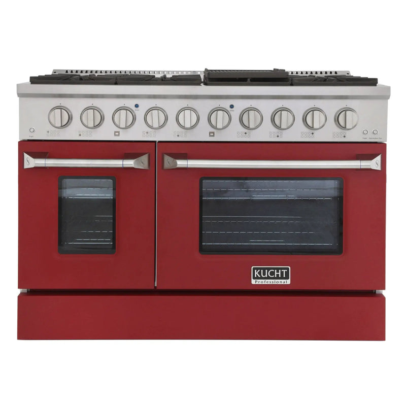 Kucht 48" Gas Range in Stainless Steel, Red Oven Doors, KNG481-R by Farmhouse Kitchen and Bath